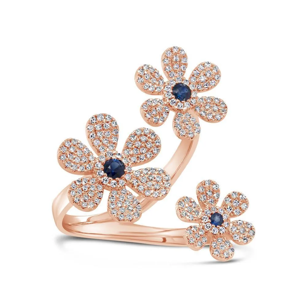 14KT GOLD 0.65 CTW SAPPHIRE & DIAMOND PAVÉ 3 FLOWER RING