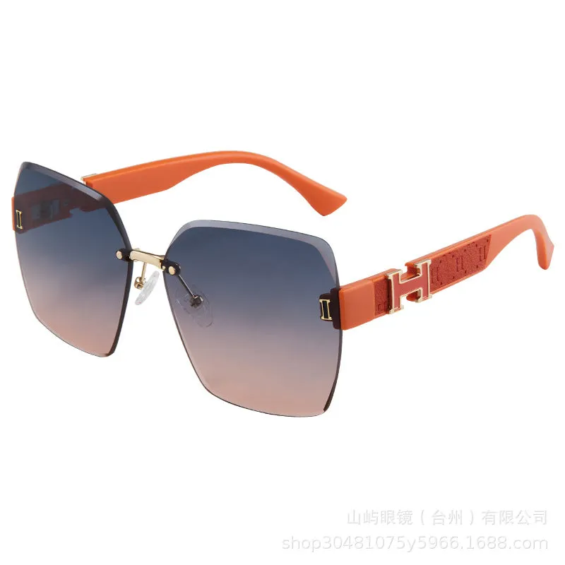 2024 New Internet Celebrity Fashion Women's Frameless Sunglasses Large Frame Fashion Trendy Sunglasses Anchor Live Broadcast Same Style