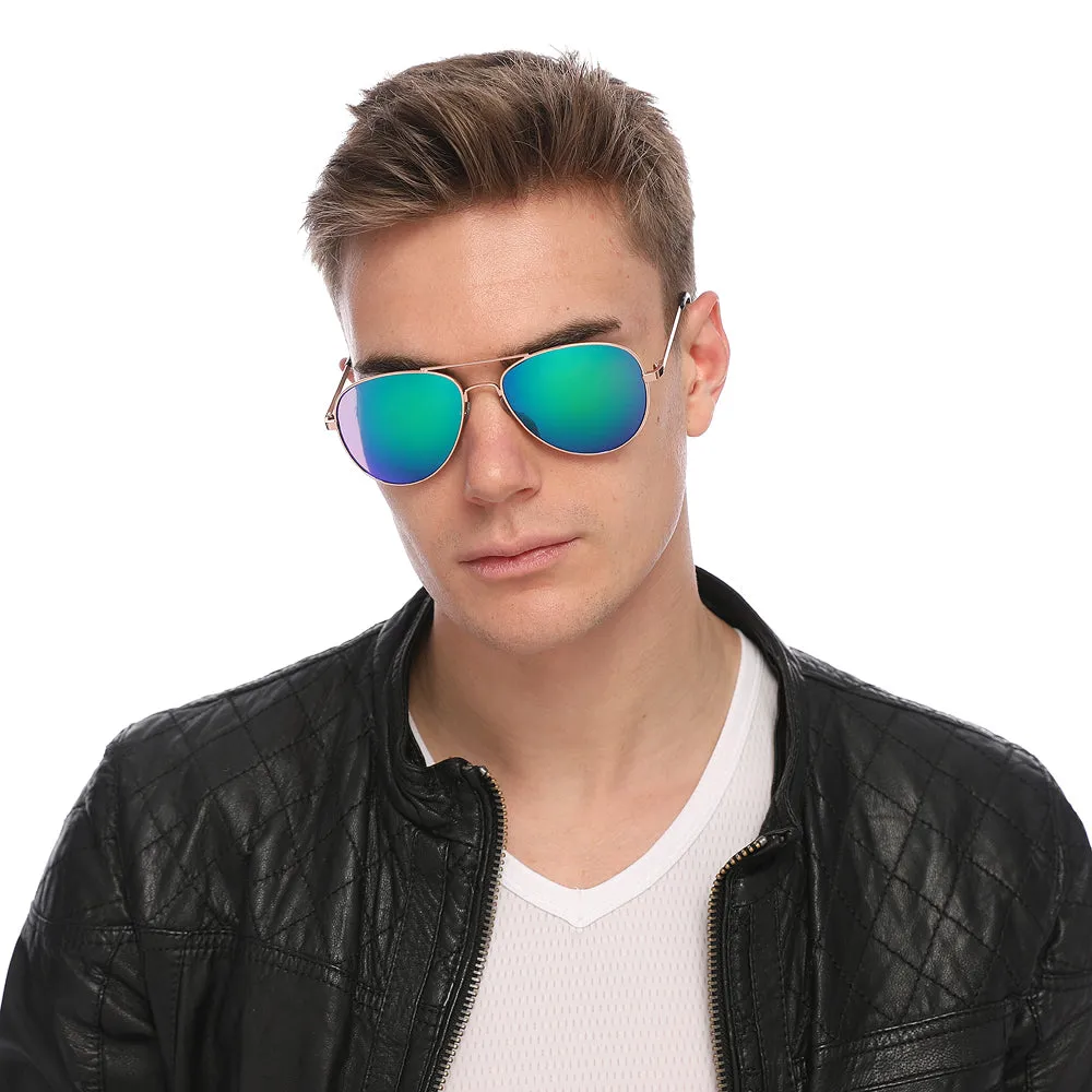Aviator Sunglasses Classic - Non-Polarized - Gold Frame - Green/Blue Mirror