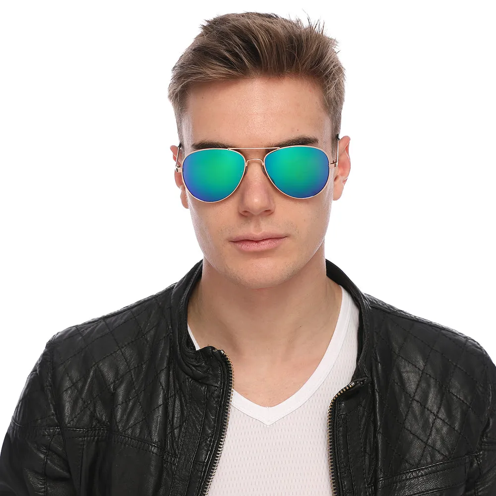 Aviator Sunglasses Classic - Non-Polarized - Gold Frame - Green/Blue Mirror