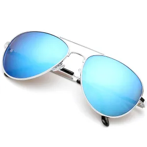 Aviator Sunglasses Classic - Non-Polarized - Silver Frame - Blue/Royal Mirror