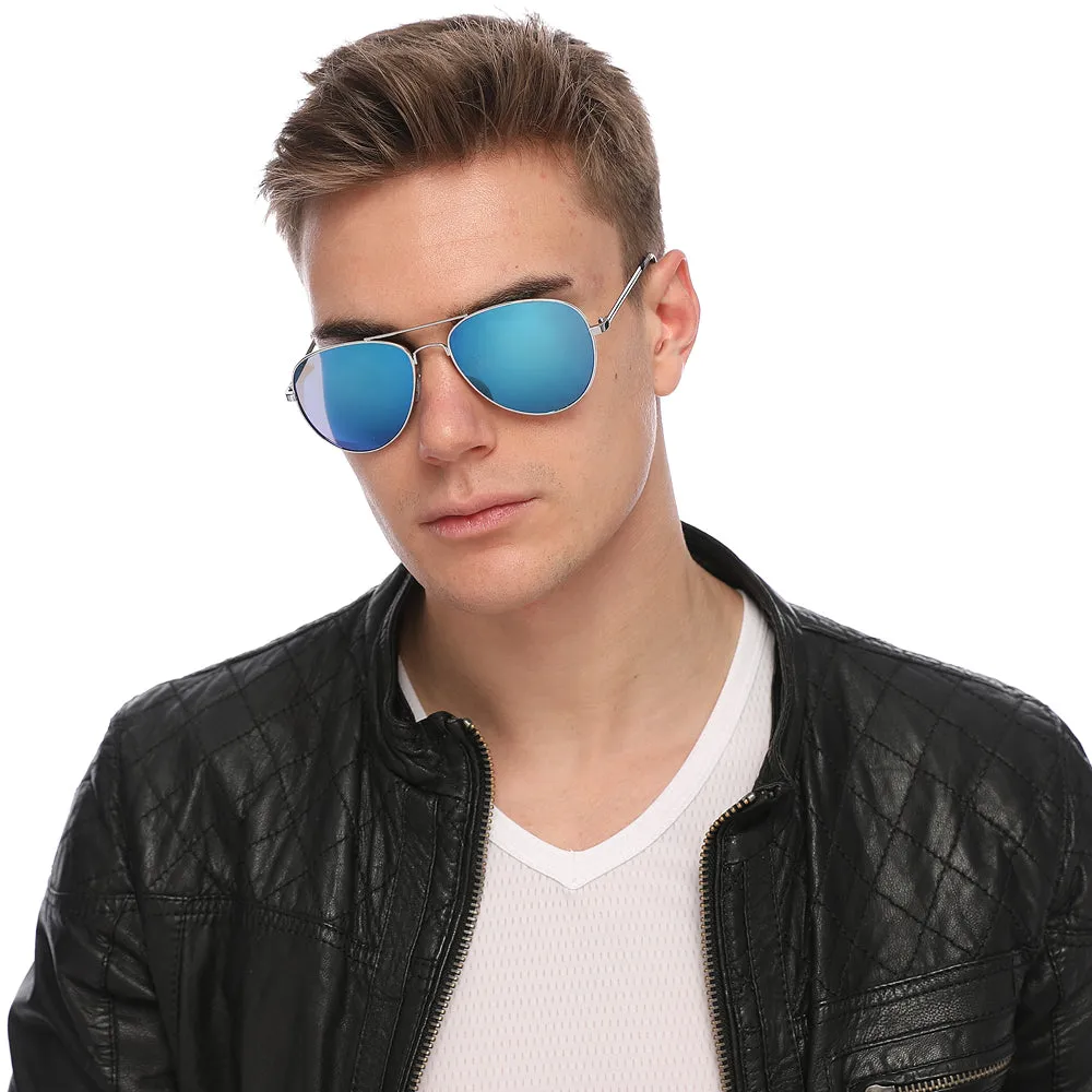 Aviator Sunglasses Classic - Non-Polarized - Silver Frame - Blue/Royal Mirror