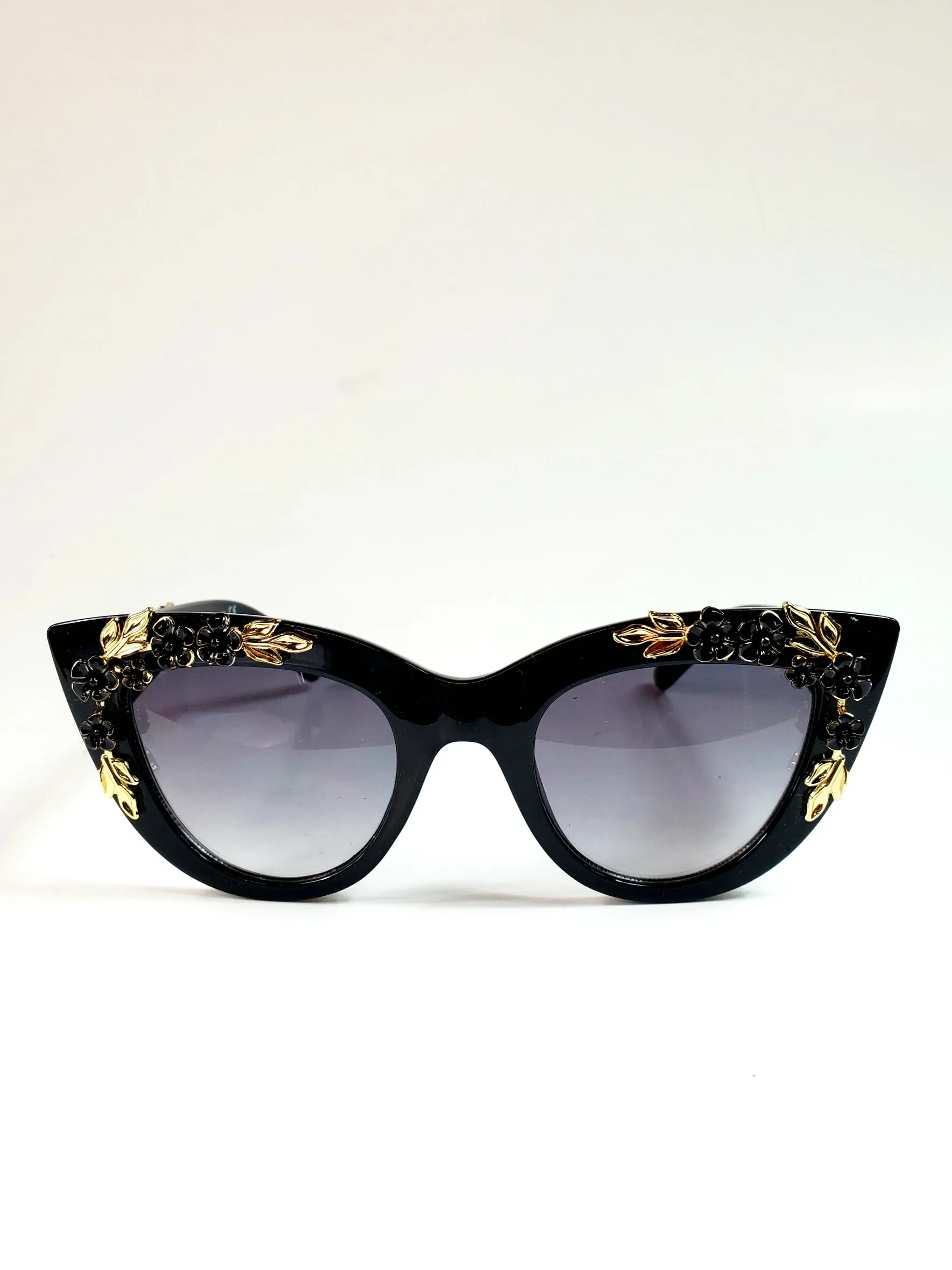 Black & Gold Floral Embellished Cat-Eye Sunglasses