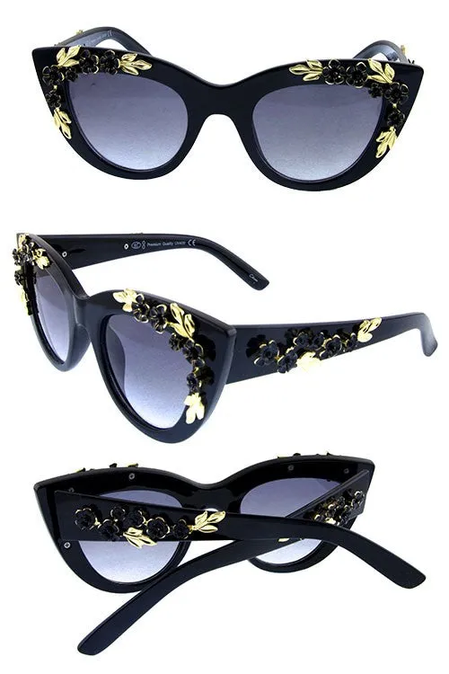 Black & Gold Floral Embellished Cat-Eye Sunglasses