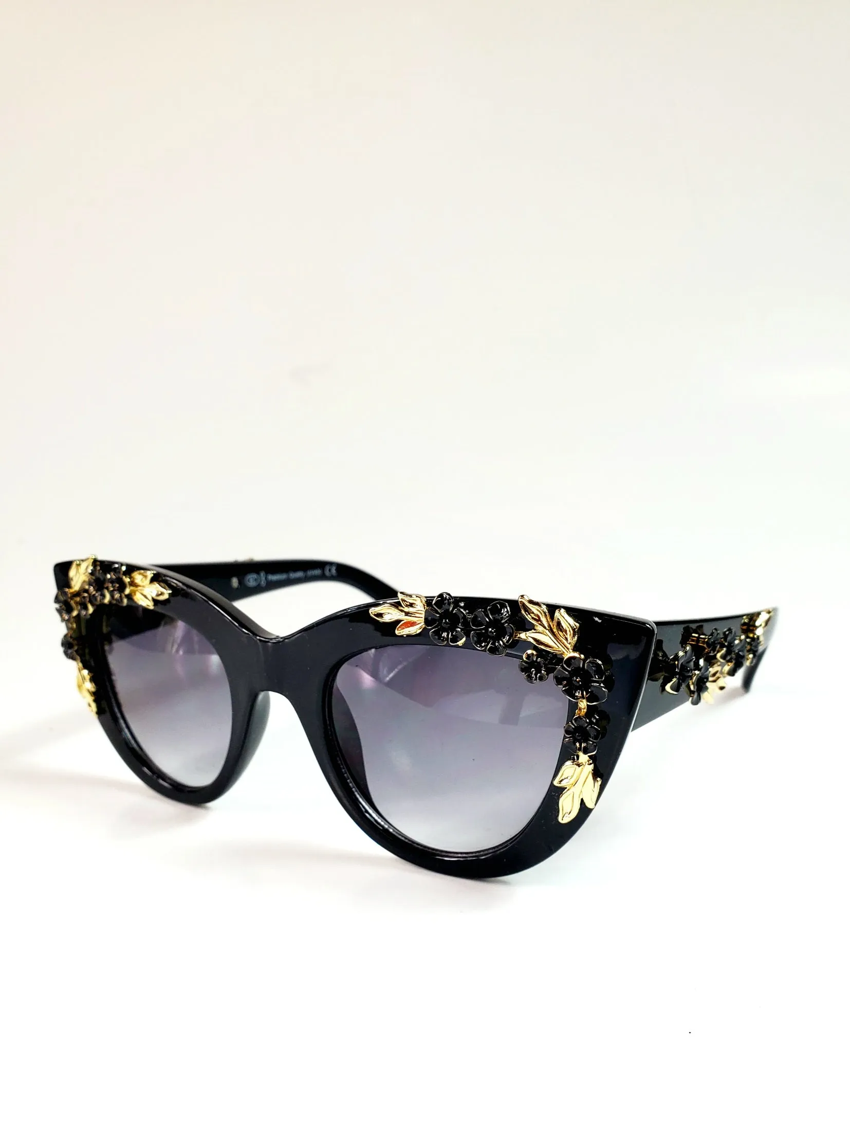 Black & Gold Floral Embellished Cat-Eye Sunglasses