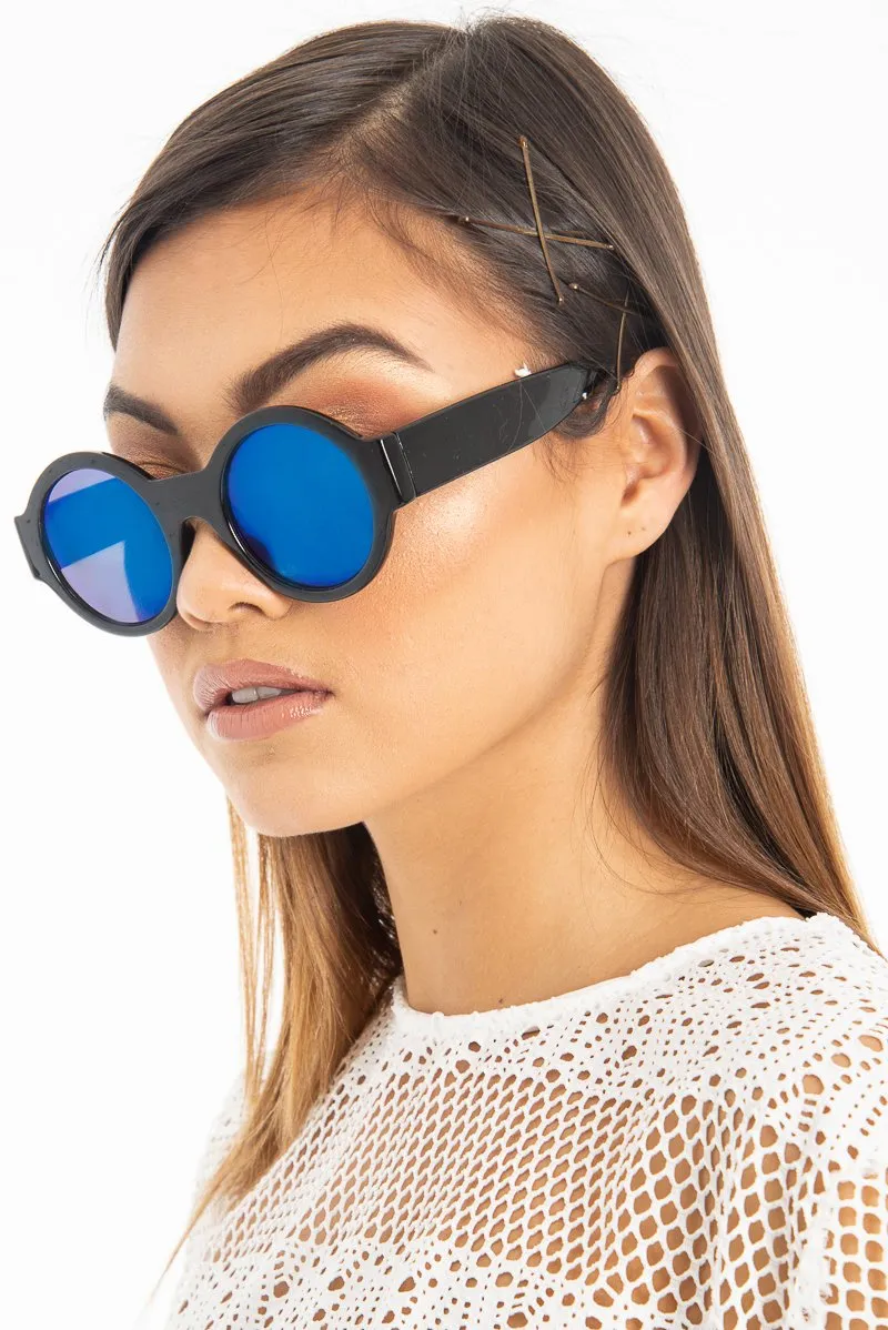 Black Iridescent Lens Round Frame Sunglasses - Teia