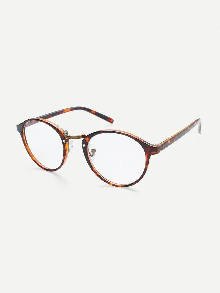 Brown Plastic Leopard Frame Round Glasses