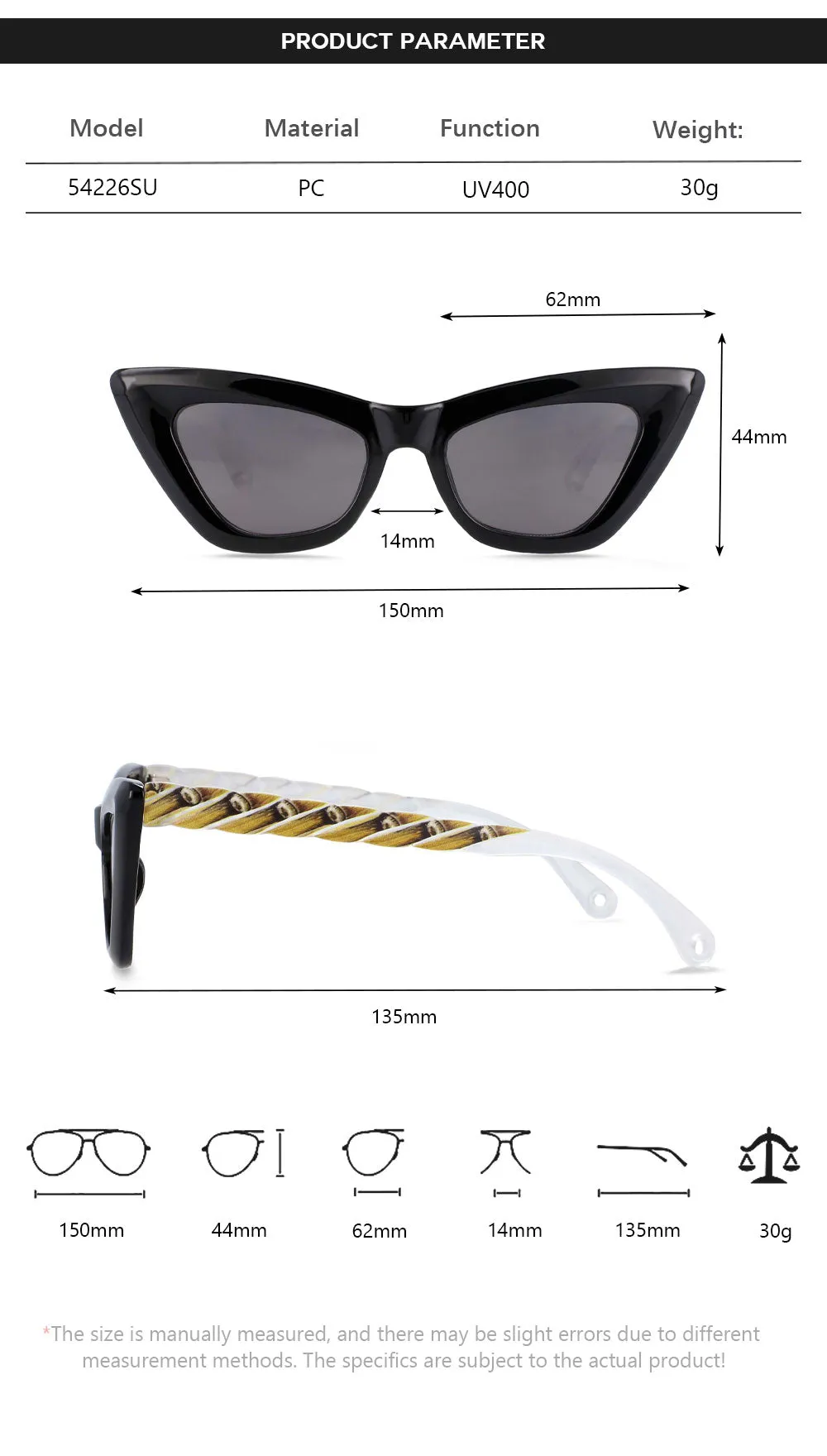 CCspace Women's Full Rim Cat Eye Resin Frame Sunglasses 54226