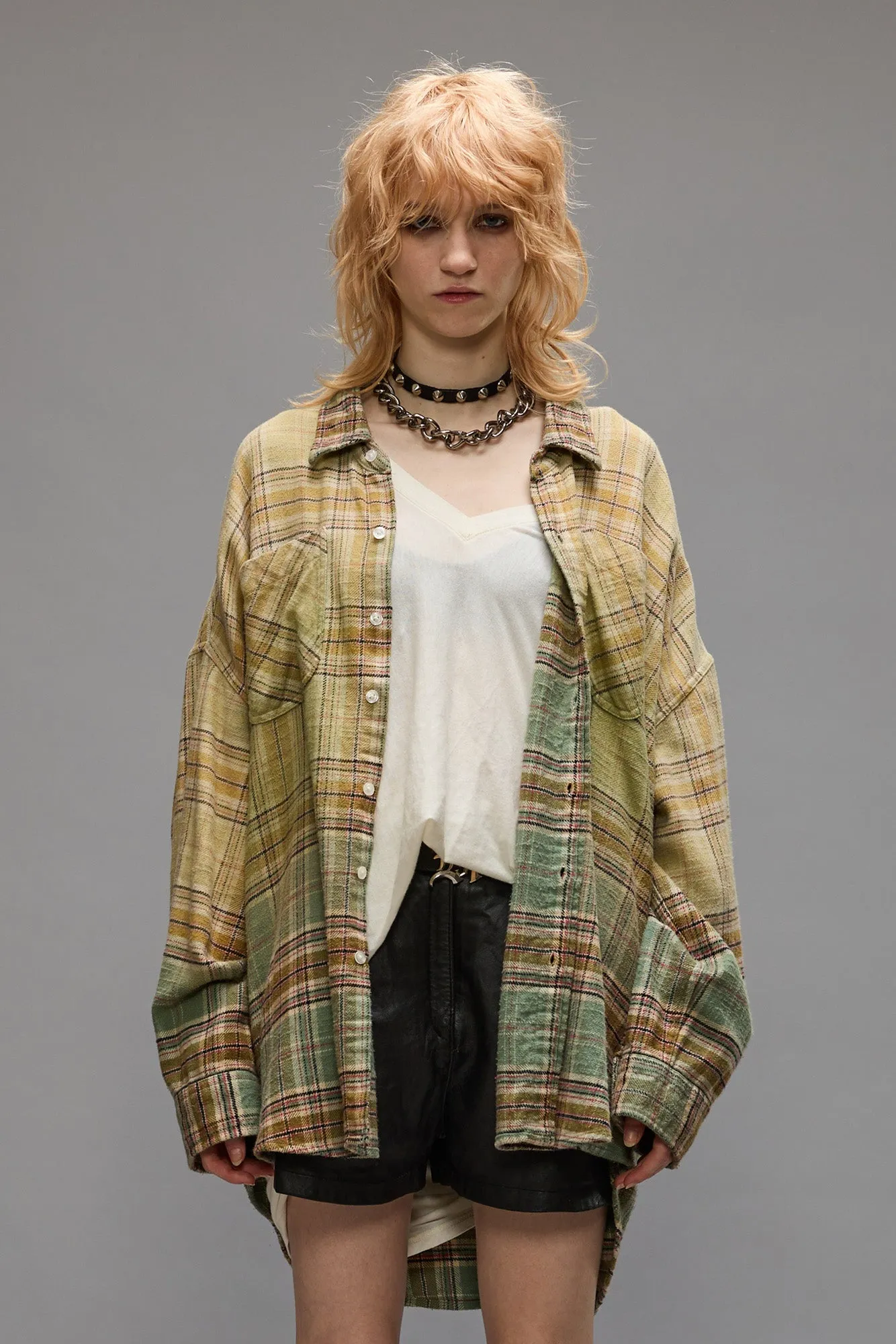 DROP NECK WORKSHIRT - GREEN GRADIENT PLAID