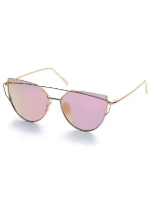 Gold Metal Frame Double Bridge Pink Lens Sunglasses