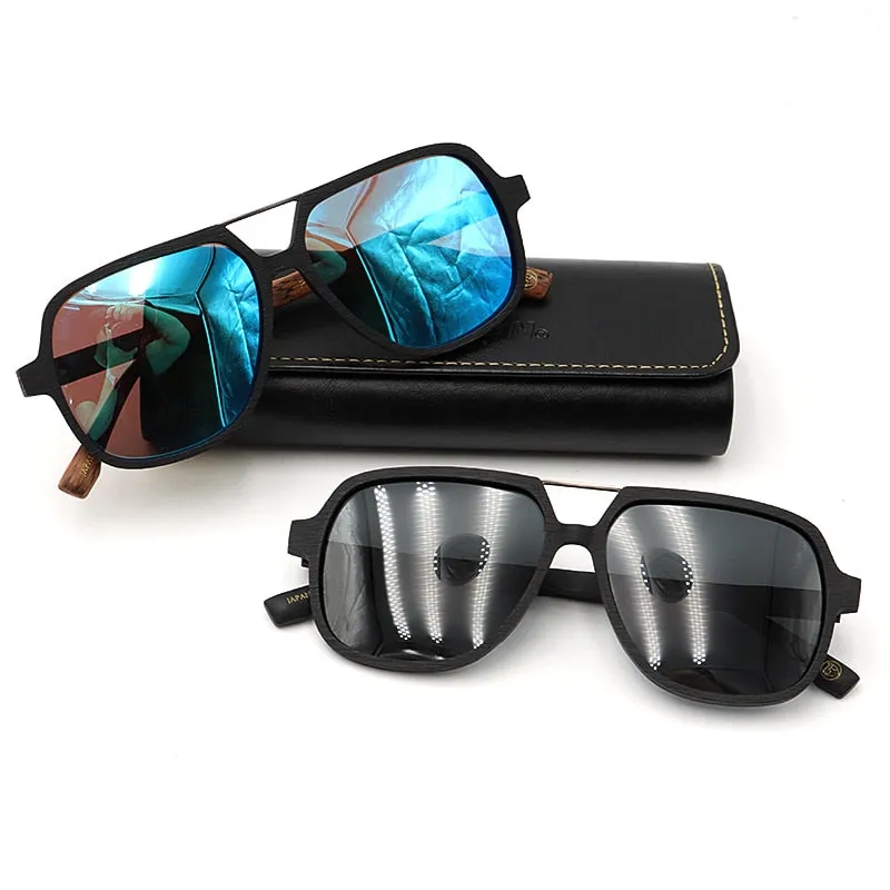 Hdcrafter Men's Full Rim Double Bridge Square Frame Polarized Wood Sunglasses Ps8210