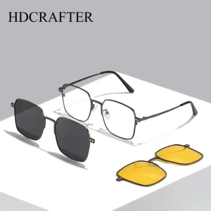 Hdcrafter Men's Full Rim Square Alloy Eyeglasses Clip On Polarized Sunglasses 7013
