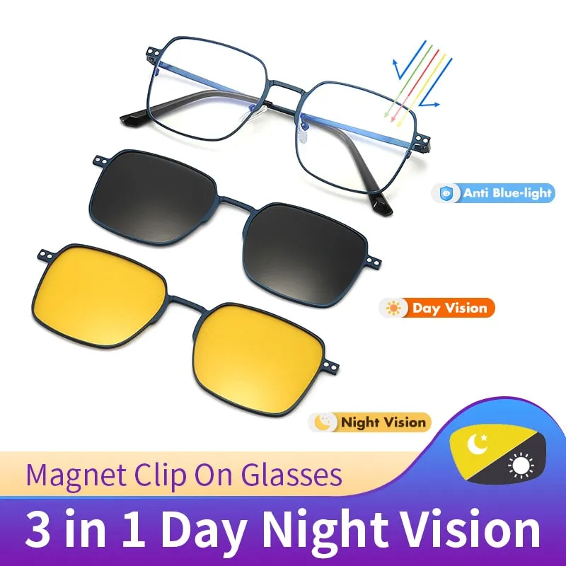 Hdcrafter Men's Full Rim Square Alloy Eyeglasses Clip On Polarized Sunglasses 7013