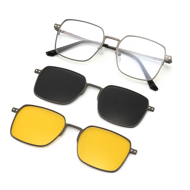 Hdcrafter Men's Full Rim Square Alloy Eyeglasses Clip On Polarized Sunglasses 7013