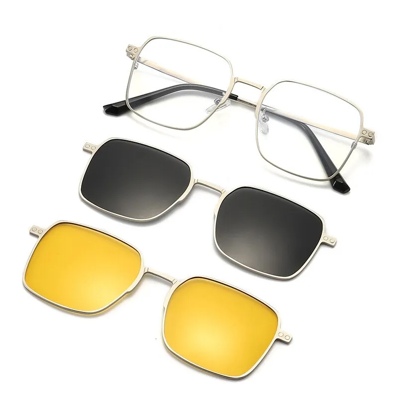 Hdcrafter Men's Full Rim Square Alloy Eyeglasses Clip On Polarized Sunglasses 7013