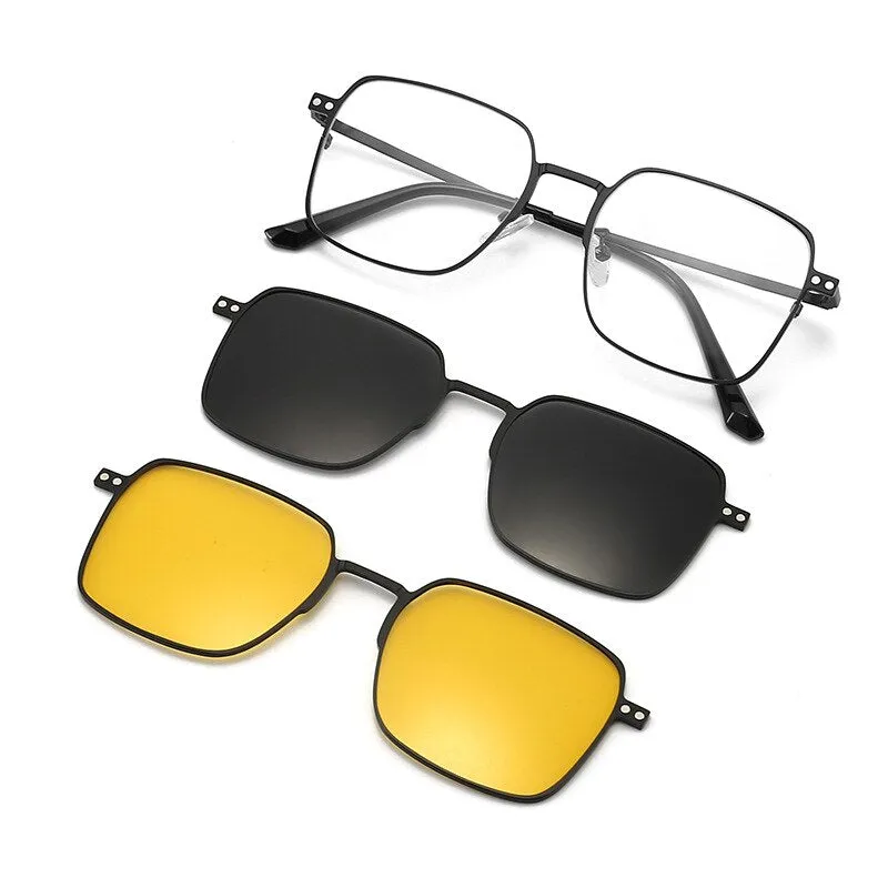 Hdcrafter Men's Full Rim Square Alloy Eyeglasses Clip On Polarized Sunglasses 7013