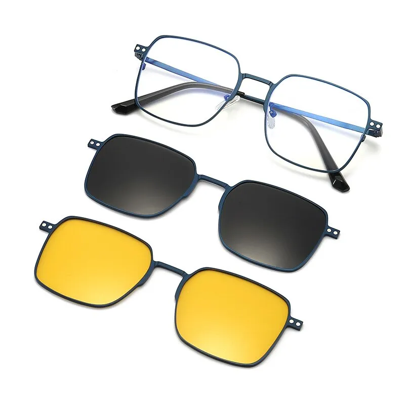 Hdcrafter Men's Full Rim Square Alloy Eyeglasses Clip On Polarized Sunglasses 7013