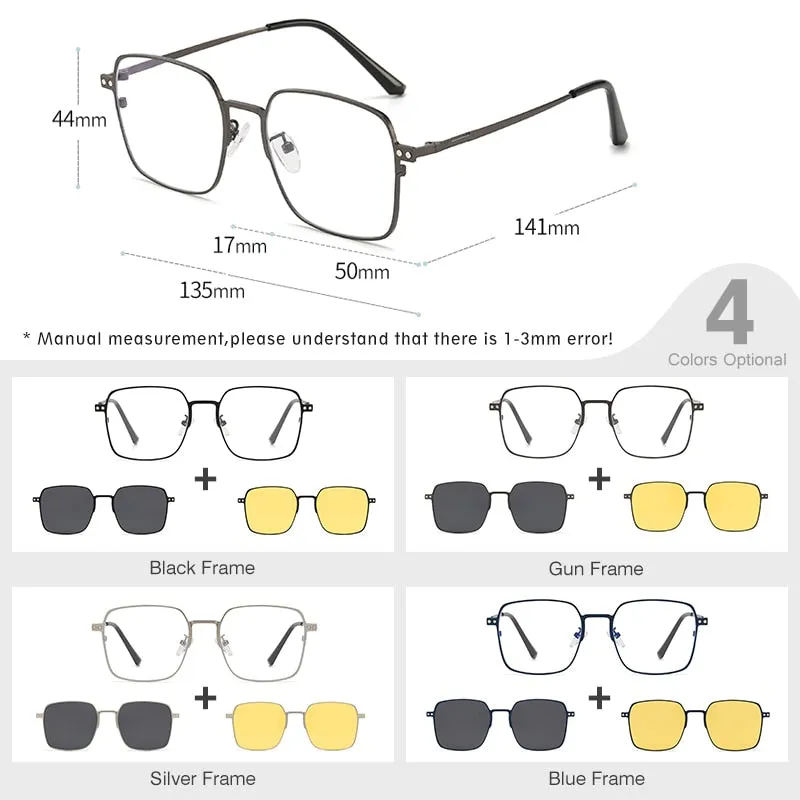 Hdcrafter Men's Full Rim Square Alloy Eyeglasses Clip On Polarized Sunglasses 7013