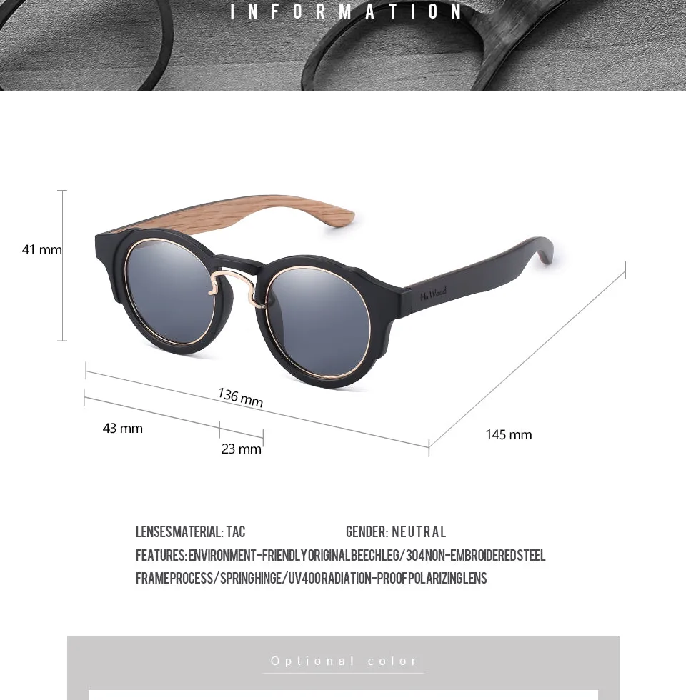 Hu Wood Unisex Round Steampunk Sunglasses Brand Designer Frame Gr8046