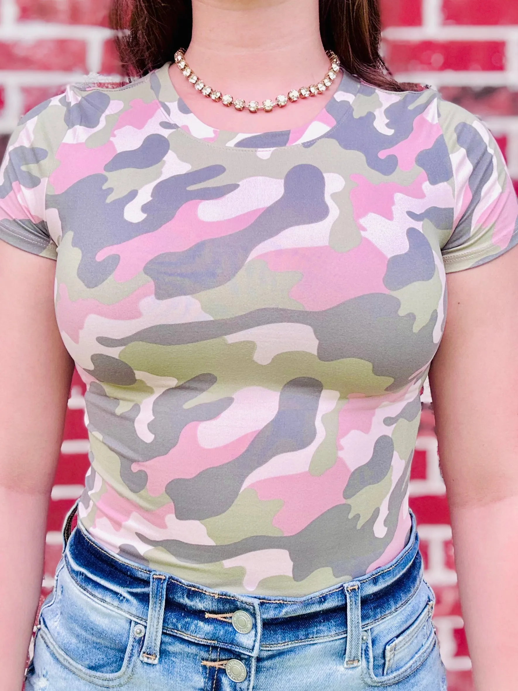 Just Casual Mock Neck Bodysuit Top- Camo Pink