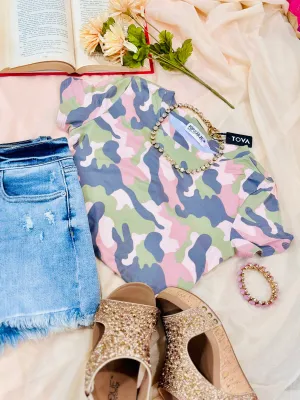 Just Casual Mock Neck Bodysuit Top- Camo Pink