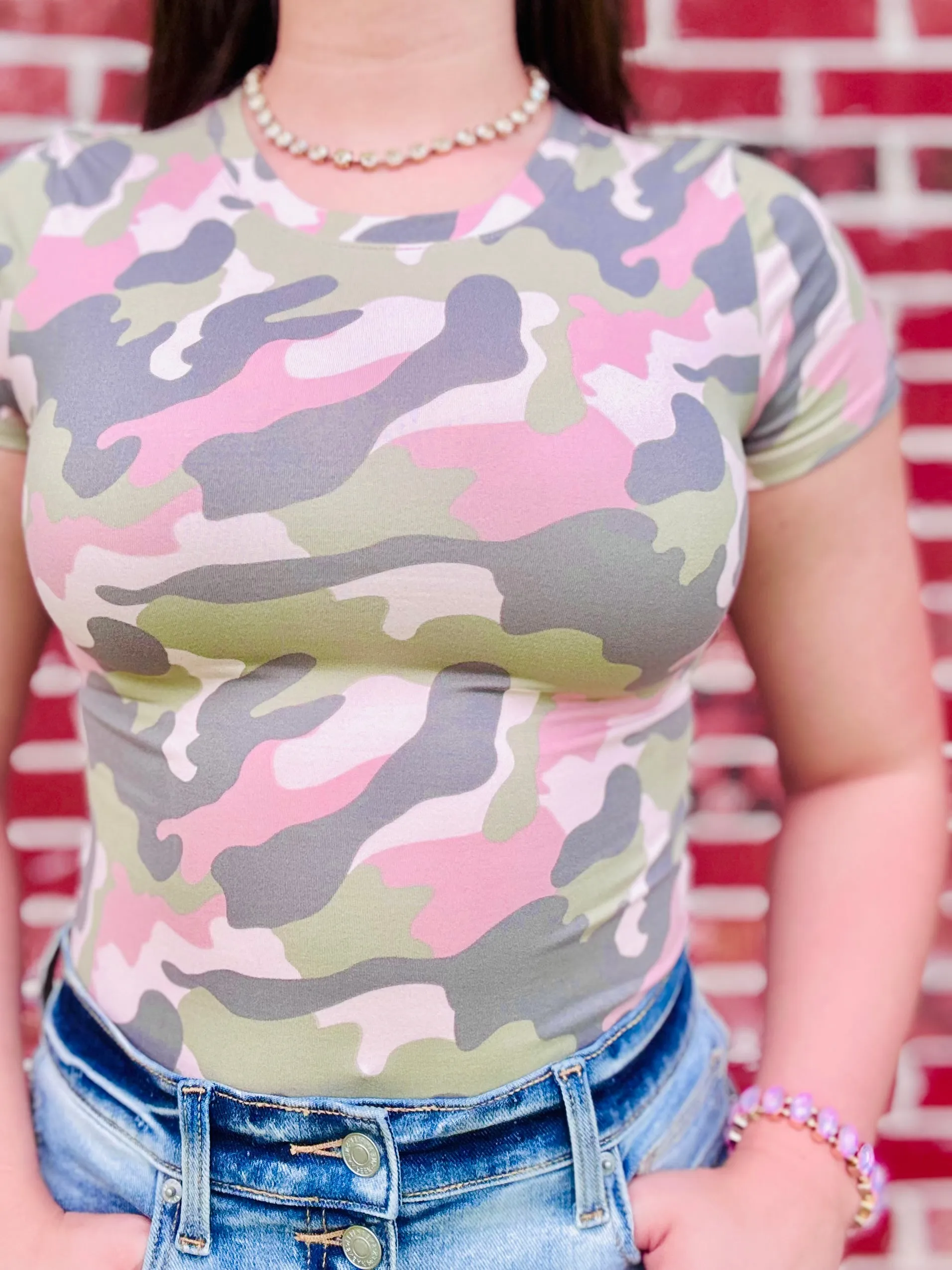 Just Casual Mock Neck Bodysuit Top- Camo Pink