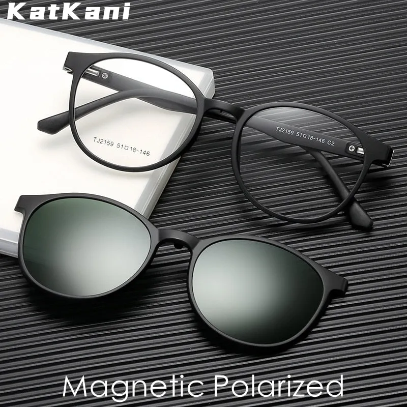 KatKani Unisex Full Rim Round Acetate Eyeglasses Clip On Polarized Sunglasses TJ2159