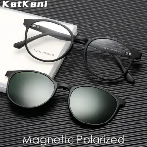 KatKani Unisex Full Rim Round Acetate Eyeglasses Clip On Polarized Sunglasses TJ2159