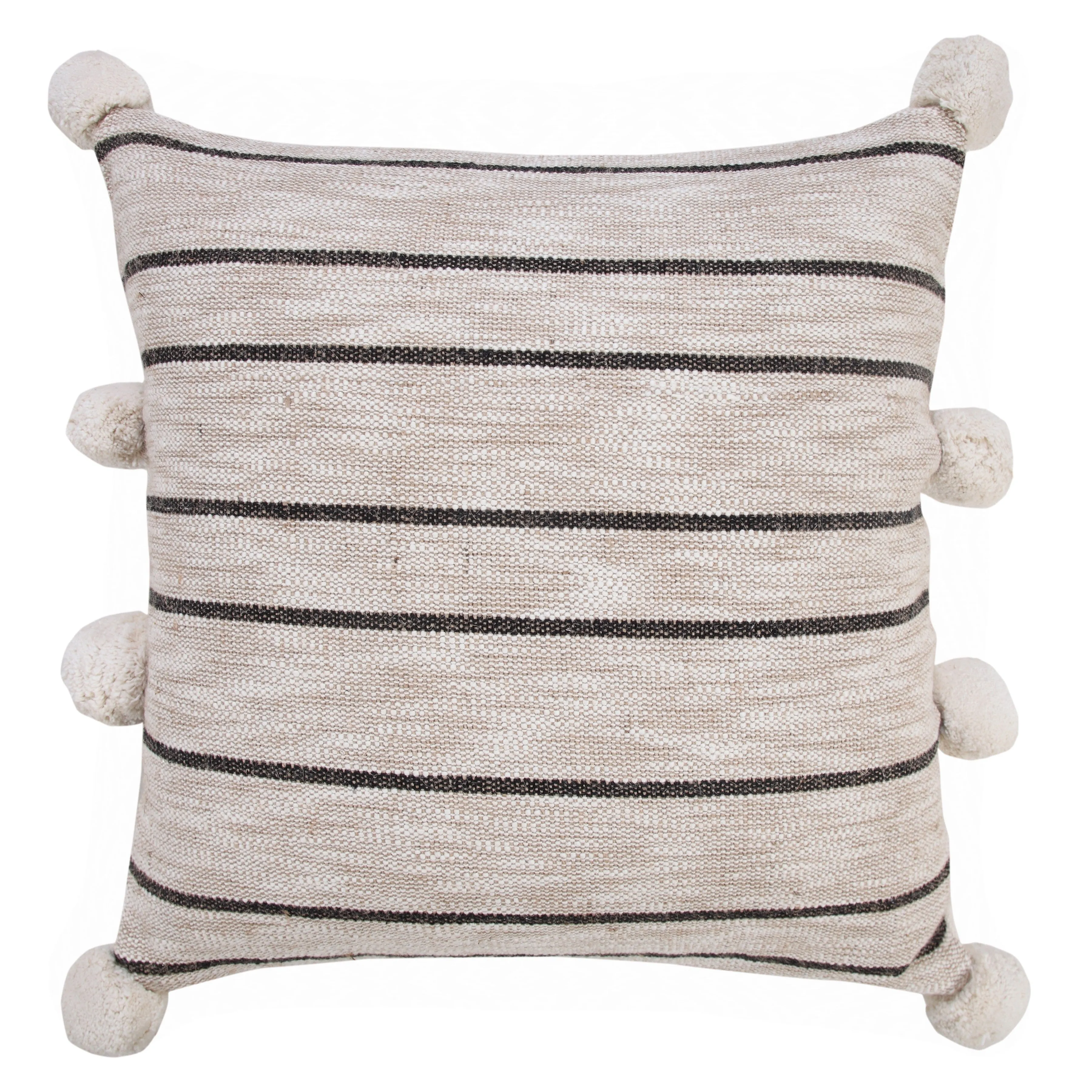 Modern Farmhouse Striped Throw Pillow with Pom Poms  Square