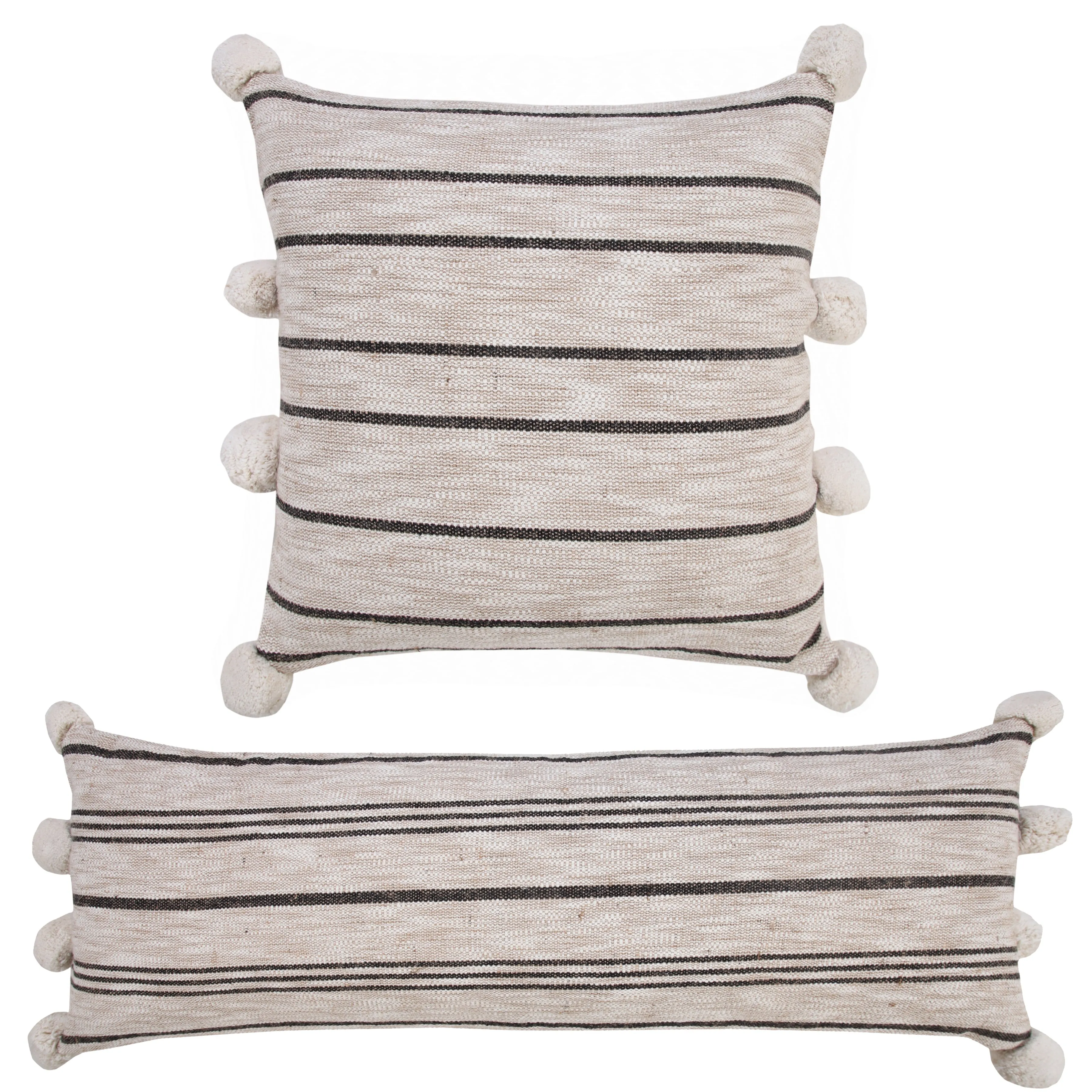 Modern Farmhouse Striped Throw Pillow with Pom Poms  Square