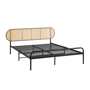 Oikiture Bed Frame Queen Size Metal Base Platform with Rattan Headboard