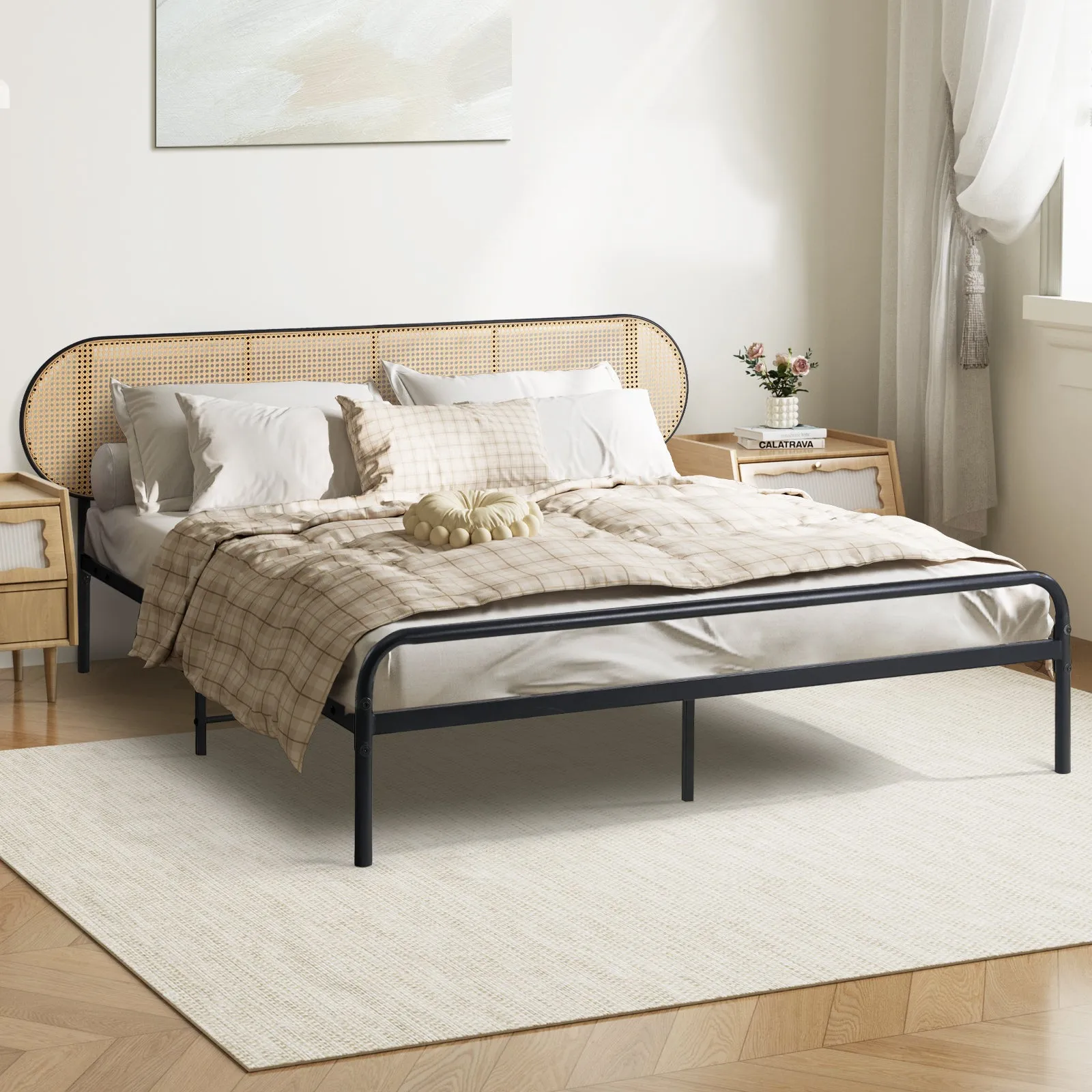 Oikiture Bed Frame Queen Size Metal Base Platform with Rattan Headboard
