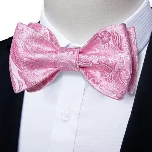 Pink Floral Self-Bowtie Pocket Square Cufflinks Set