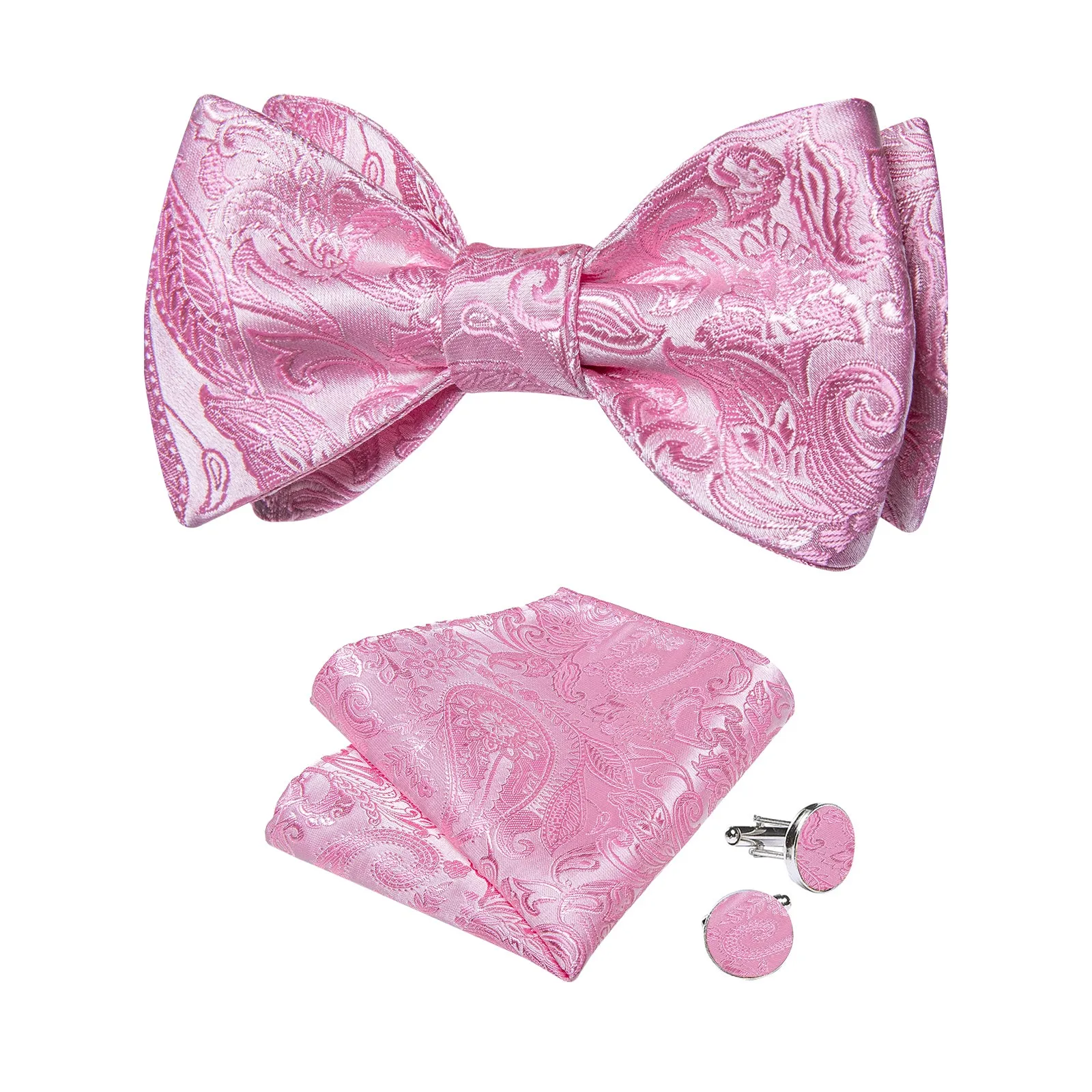 Pink Floral Self-Bowtie Pocket Square Cufflinks Set