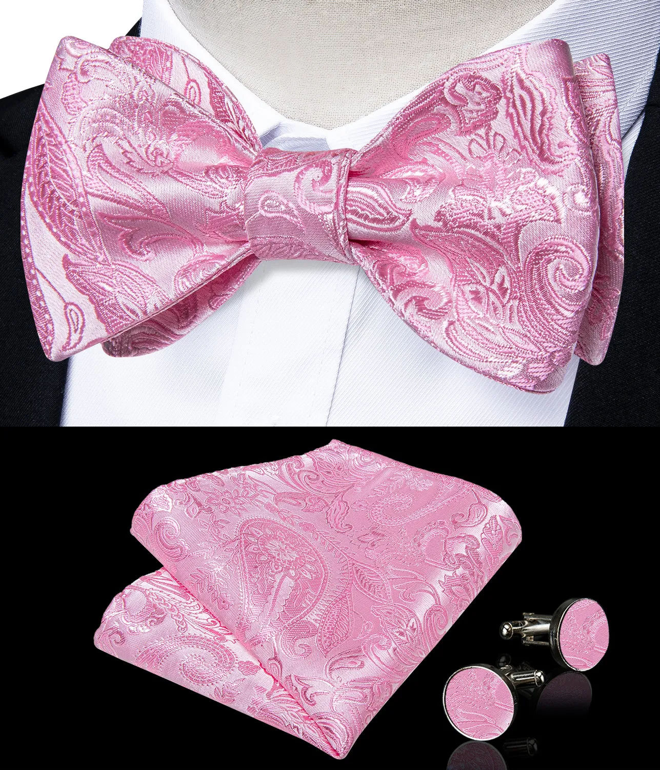 Pink Floral Self-Bowtie Pocket Square Cufflinks Set