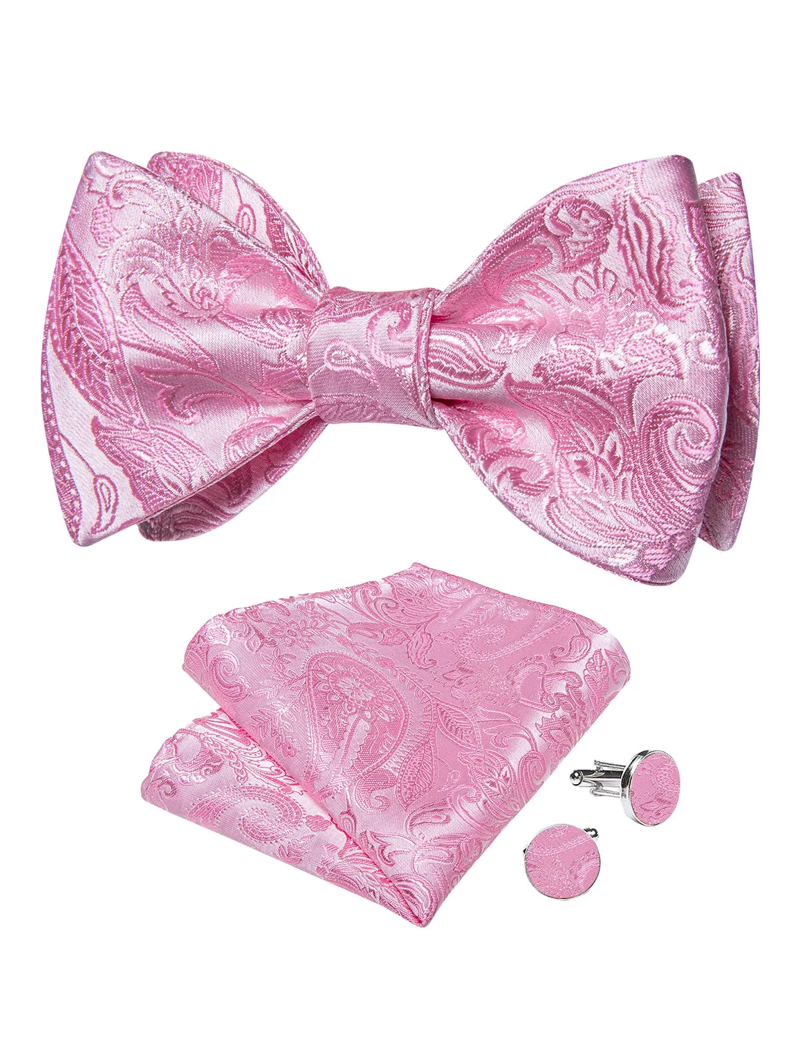 Pink Floral Self-Bowtie Pocket Square Cufflinks Set