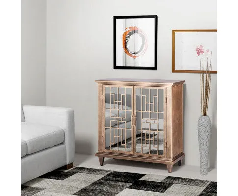Sideboard Buffet Cabinet Storage with Mirrored Glass Doors in French Brass Finish