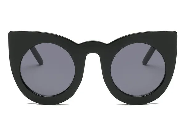 Thick Frame Round Lens Cat Eye Sunglasses in Black